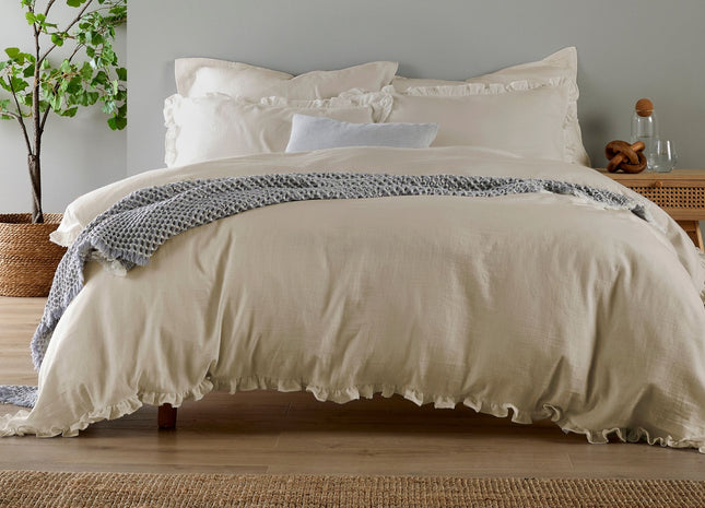 Christy Organic Cotton "Retreat Ruffle" Plain Dyed Duvet Covers in Oat (Beige)