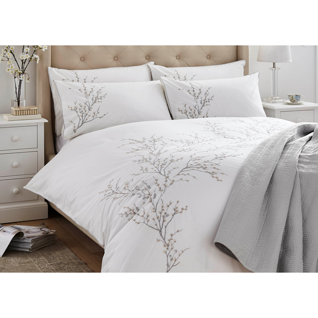 Laura Ashley "Pussy Willow" Embroidery Duvet Cover Set in Dove Grey