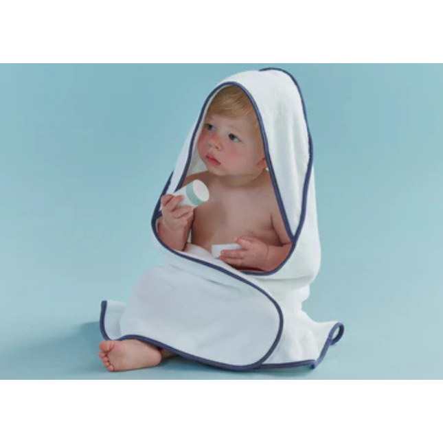 Christy "Mini Hooded" Bath Towel in White with Denim Blue Trim