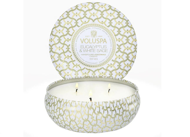 Voluspa "Eucalyptus & White Sage" 3 Wick Tin Candle