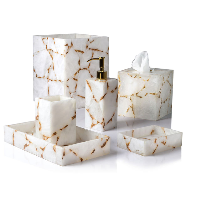 Mike + Ally "Gemstone" Milk Quartz Bathroom Accessories in White & Gold