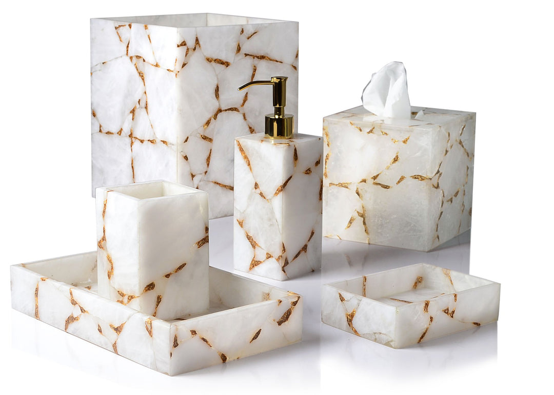 Mike + Ally "Gemstone" Milk Quartz Bathroom Accessories in White &amp; Gold