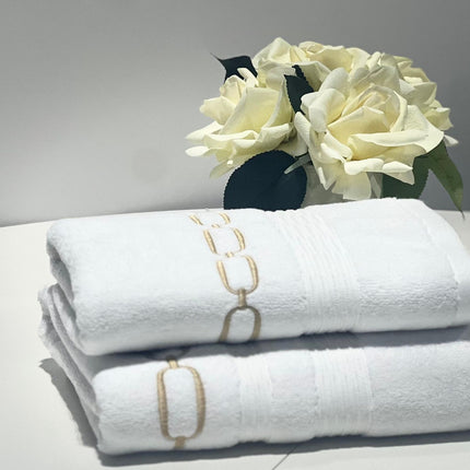 Linen Obsession "Eliza" Bath Towels in White/Gold