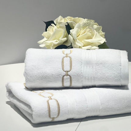 Linen Obsession "Eliza" Bath Towels in White/Gold