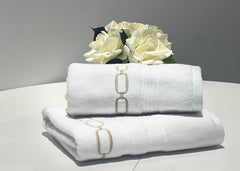 Linen Obsession "Eliza" Bath Towels in White/Gold