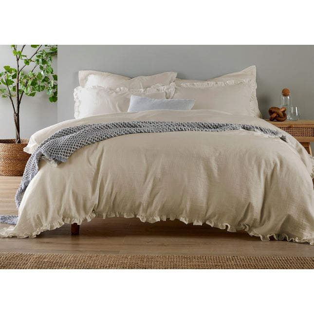 Christy Organic Cotton "Retreat Ruffle" Plain Dyed Duvet Covers in Oat (Beige)