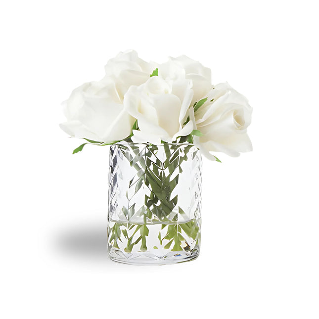"Rose Buds Herringbone Bouquet" in Glass Vase – Artificial Silk Flowers