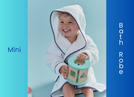 Christy "Mini Hooded" Bath Robe in White & Denim Blue