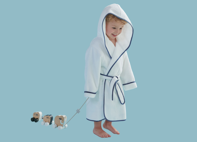 Christy "Mini Hooded" Bath Robe in White & Denim Blue