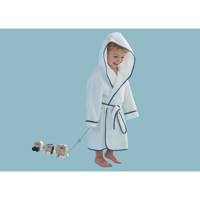 Christy "Mini Hooded" Bath Robe in White & Denim Blue