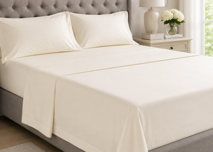 Linen Obsession "900 Thread Count Luxe Touch" Flat Sheet in Cream with Cream Hemstitch