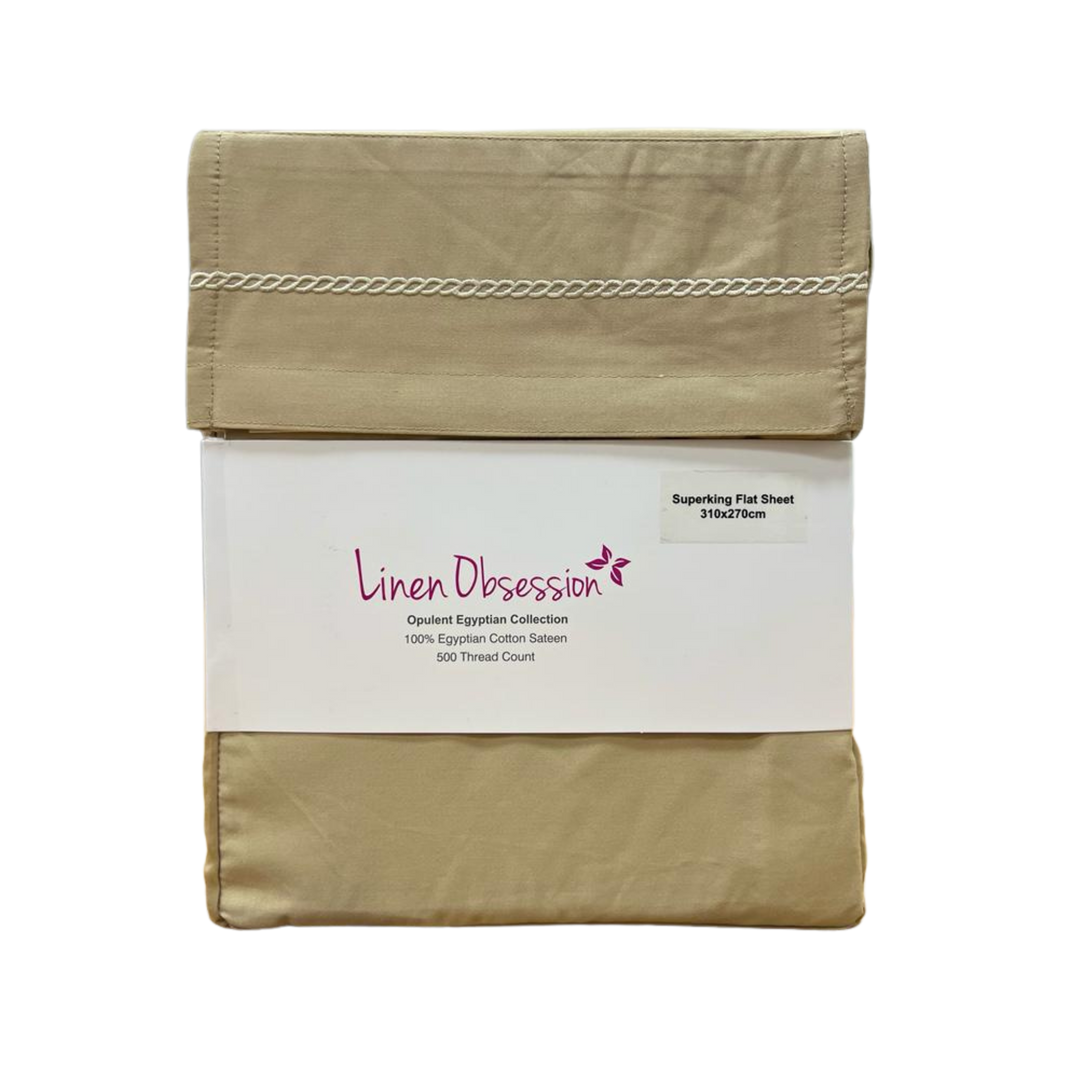 Linen Obsession 500 Thread Count "LO Opulent Embroidery" Egyptian Cotton Sateen Pillowcase in Tan
