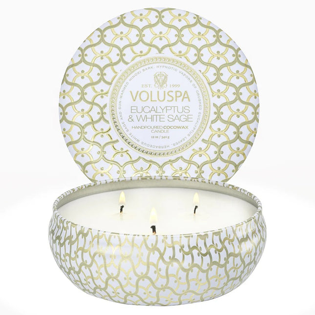 Voluspa "Eucalyptus & White Sage" 3 Wick Tin Candle