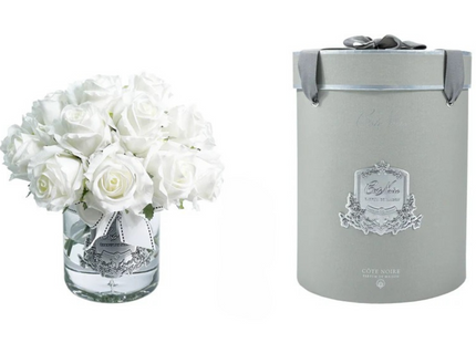 Linen Obsession "Grand Rose Buds Bouquet" in Glass Vase – 21 Artificial Silk Flowers