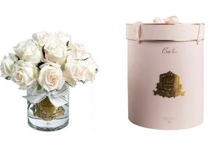 Linen Obsession "Grand Rose Buds Bouquet" in Glass Vase – 21 Artificial Silk Flowers
