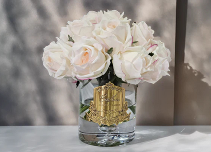 Linen Obsession "Grand Rose Buds Bouquet" in Glass Vase – 21 Artificial Silk Flowers