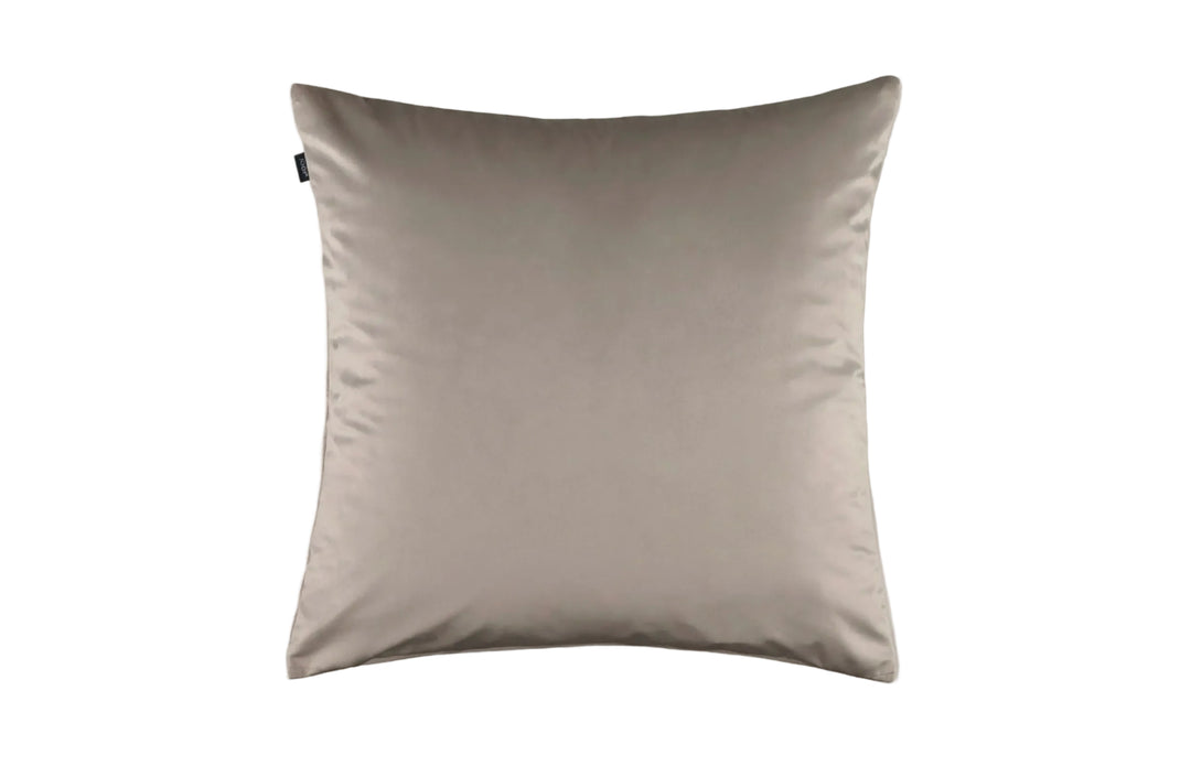 A square throw pillow in a muted taupe-beige color, shown against a solid off-white background.