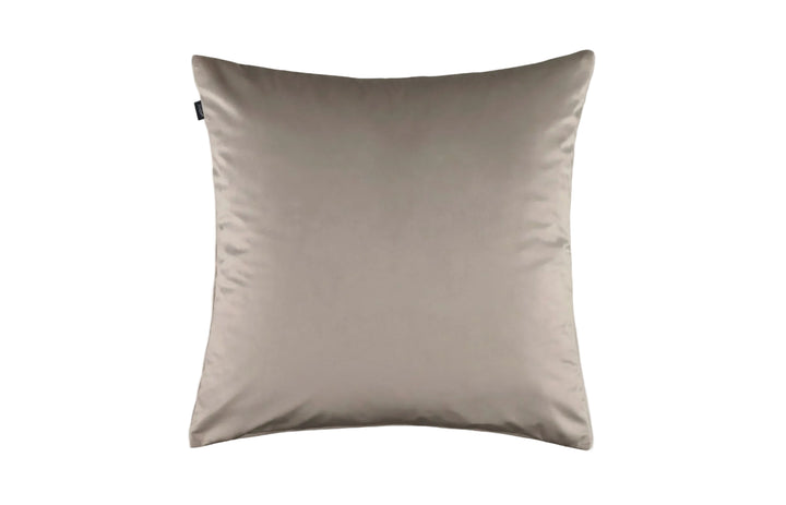 A square throw pillow in a muted taupe-beige color, shown against a solid off-white background.