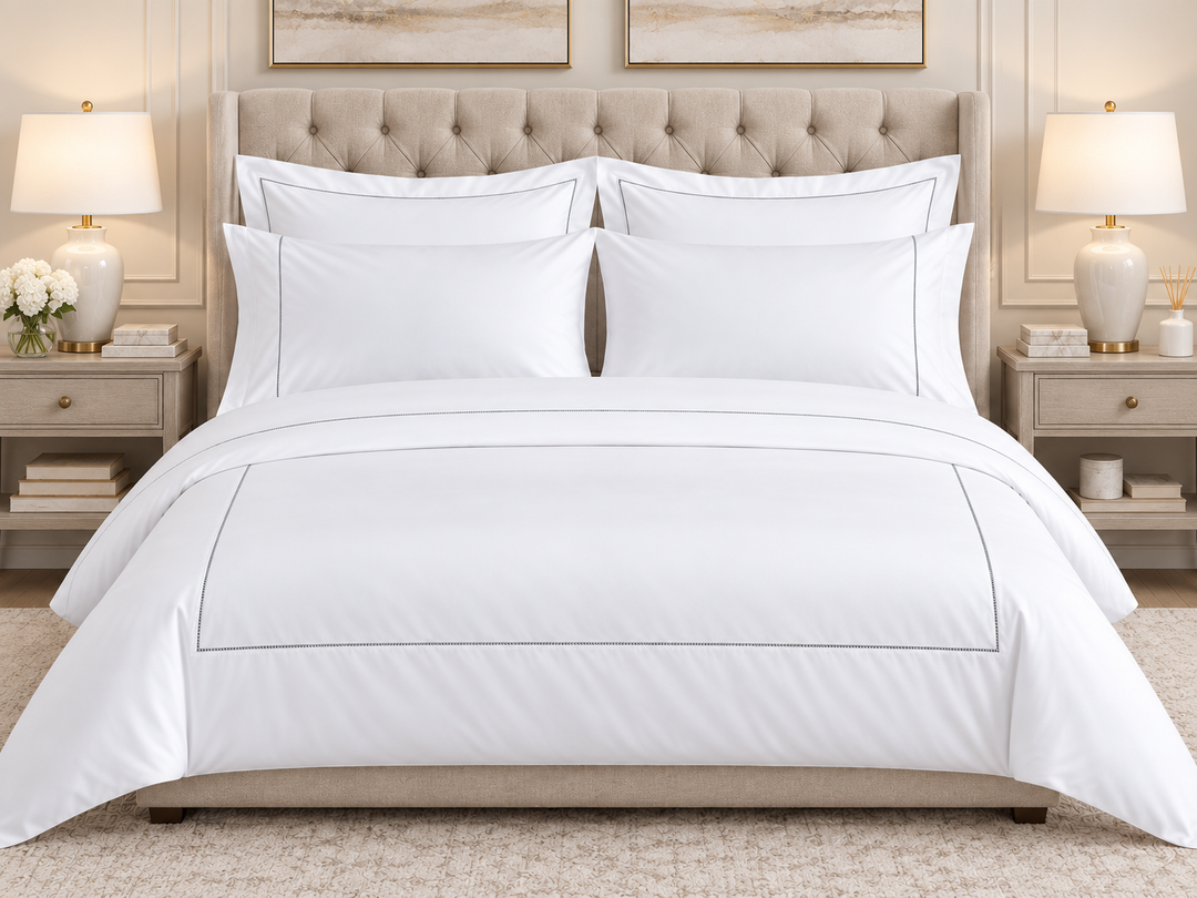 Linen Obsession 900 Thread Count "Luxe Touch" Duvet Cover in White with Silver Hemstitch