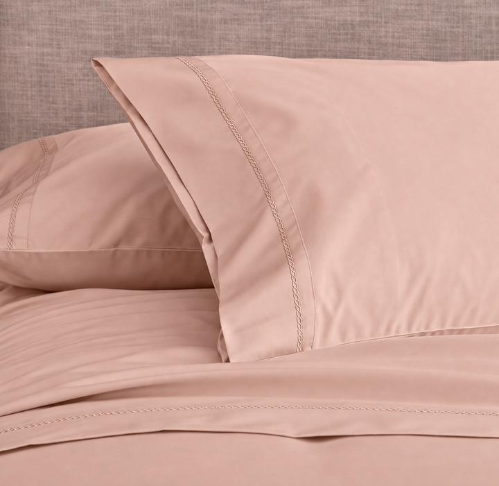 Linen Obsession 500 Thread Count "LO Opulent Embroidery" Egyptian Cotton Sateen Pillowcase in Blush