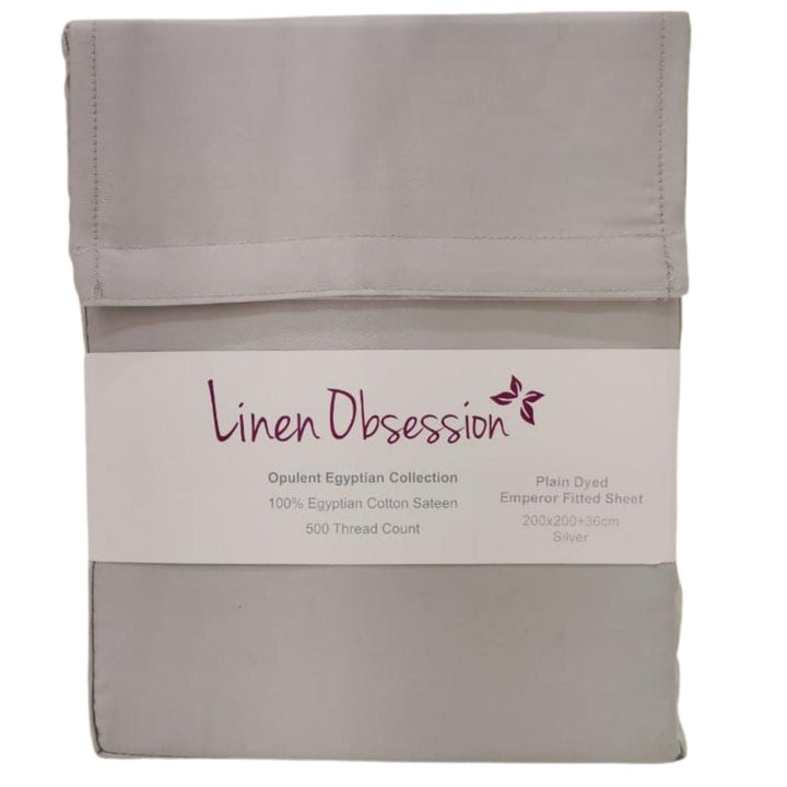 Linen Obsession 500 Thread Count "Opulent Egyptian" Cotton Sateen Fitted Sheet in Silver