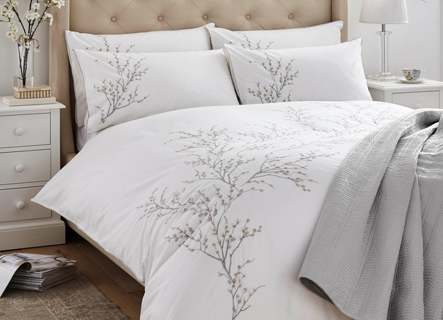 Laura Ashley "Pussy Willow" Embroidery Duvet Cover Set in Dove Grey