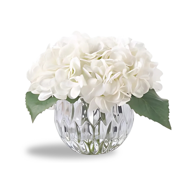 "Round  Hydrangeas Bouquet" in Glass Vase – Artificial Silk Flowers