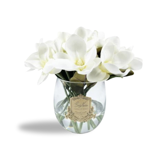 "Round Magnolia Bouquet" in Glass Vase – Artificial Silk Flowers