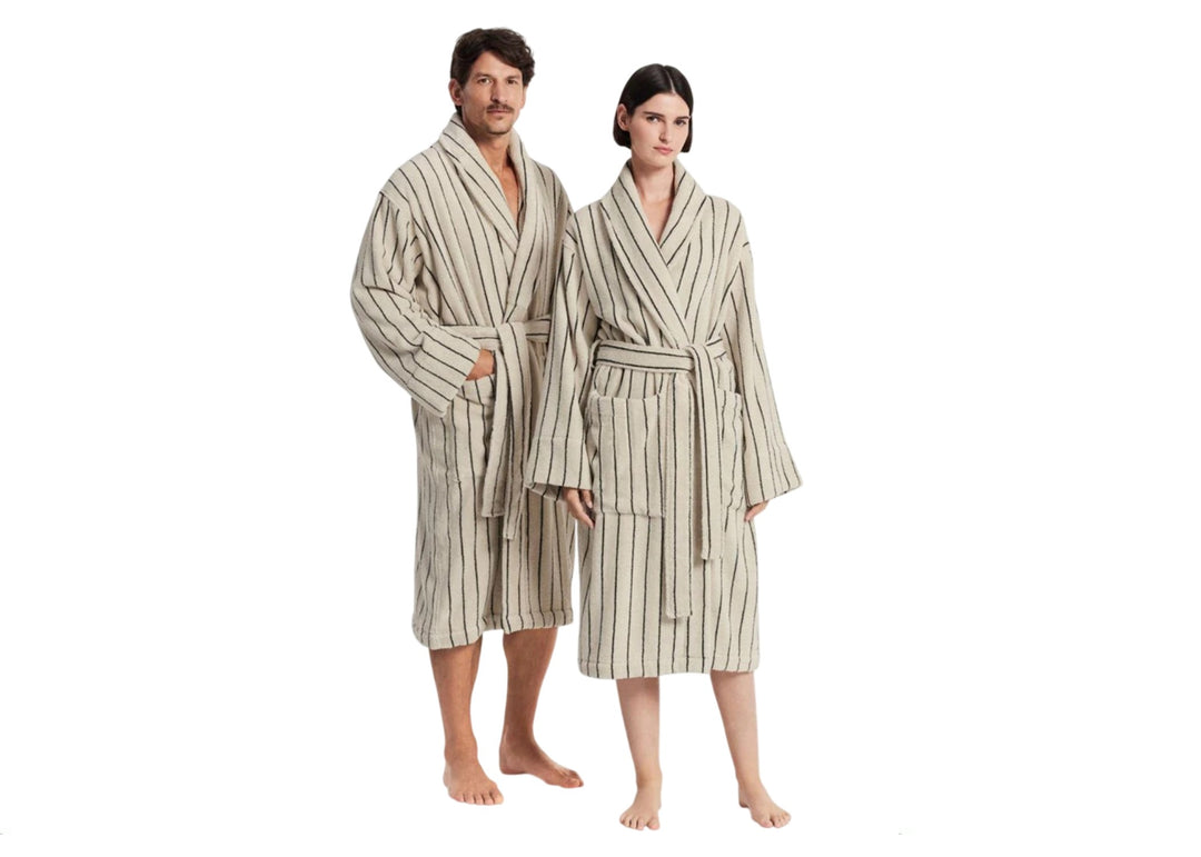Sheridan "Aven Stripe" Bathrobe in Limestone