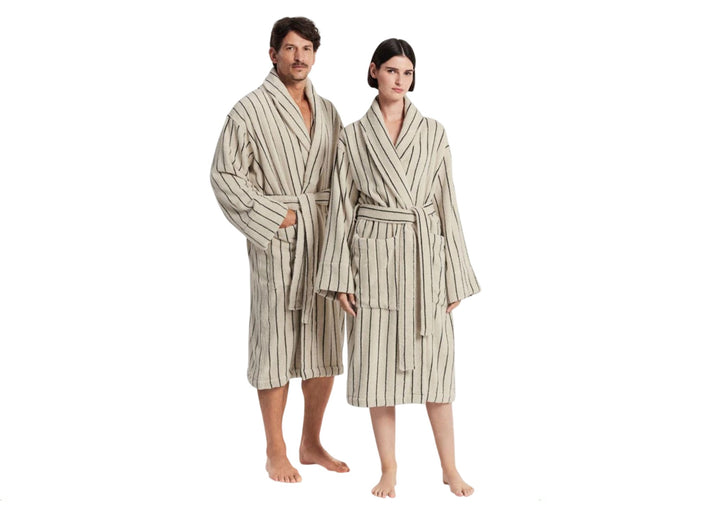 Sheridan "Aven Stripe" Bathrobe in Limestone
