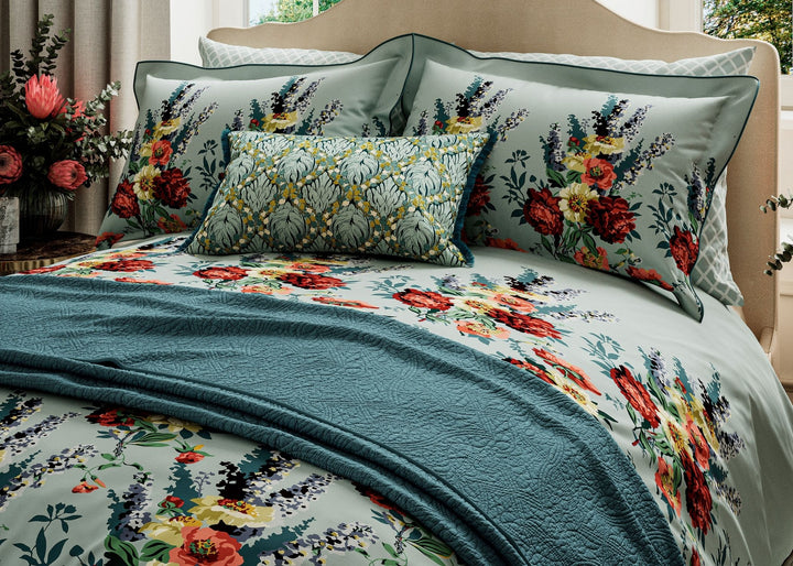 V&amp;A "Botanical Harmony" Duvet Cover Set in Soft Teal