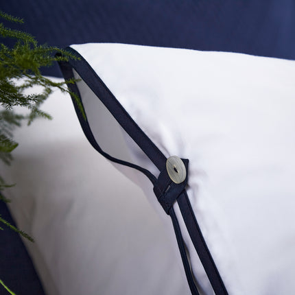 Bedeck of Belfast "Komoro" Duvet Cover & Pillow Case in White with Midnight Blue Trim
