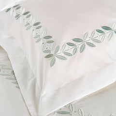 Christy "Clarendon" White Flat Sheets with Leaf Embroidery in Sage Green