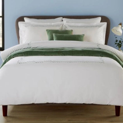 Christy "Clarendon" White Flat Sheets with Leaf Embroidery in Sage Green