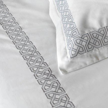 Amalia "Elo" 430 Thread Count Duvet Cover in White with Grey Embroidery